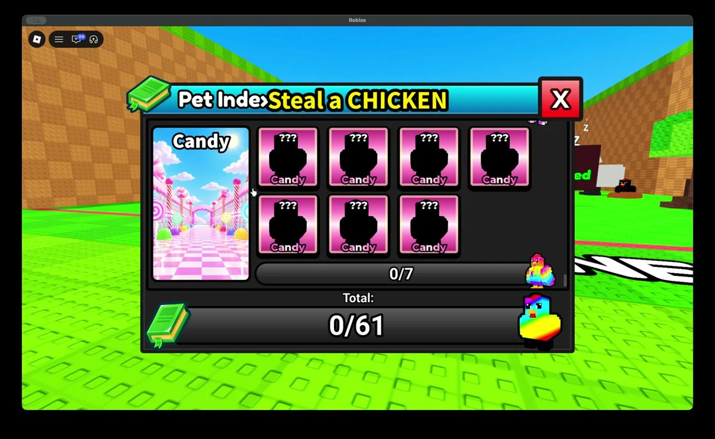 Current Steal a Chicken Pet Index showing Candy 0 of 7 and total 0 of 61