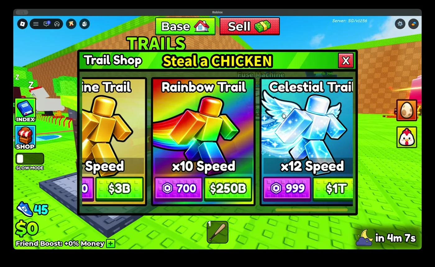 Steal a Chicken Trail Shop showing Galaxy, Aquatic and Divine trails